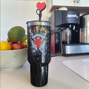 Ed Hardy Black Travel Mug with Heart Straw - 40oz
